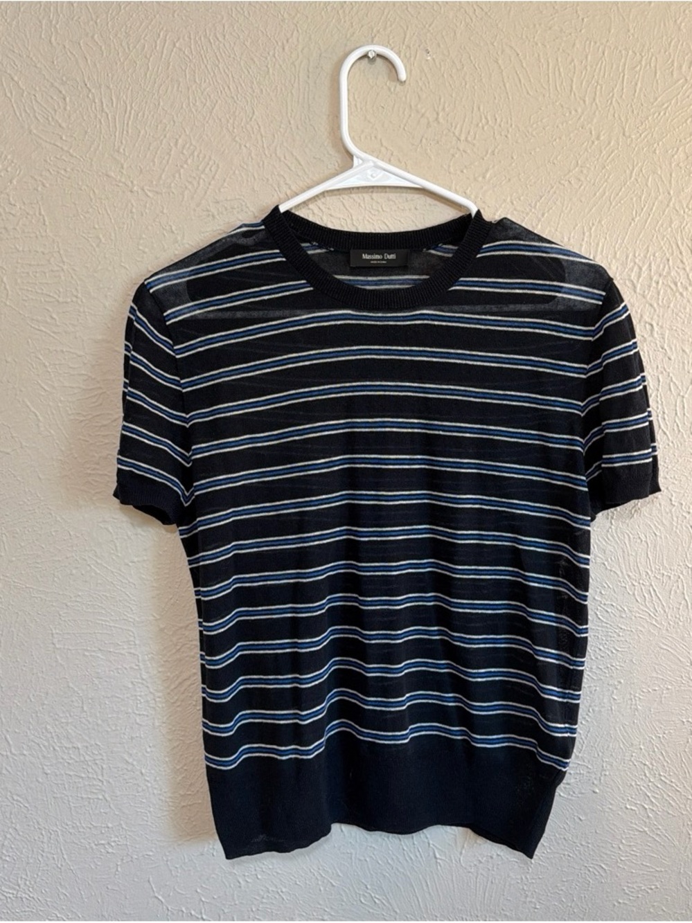 Massimo Dutti Navy Short-Sleeve Knit Tee with Light Blue & Gray Stripes